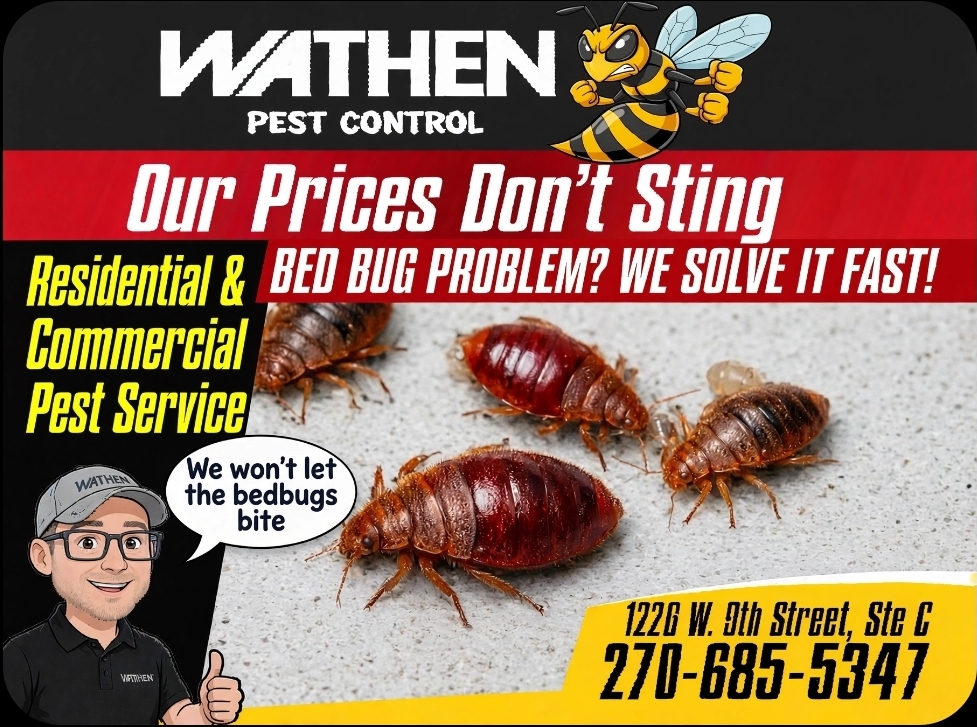 Wathen flyer: residential and commercial pest service, bed bug problem solved fast