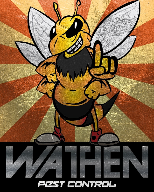 Wathen hornet mascot on a sunburst background